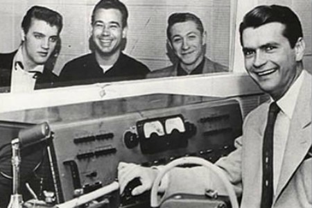 Elvis, Bill Black, Scotty Moore and Sam Phillips and Sun Recording Studio.